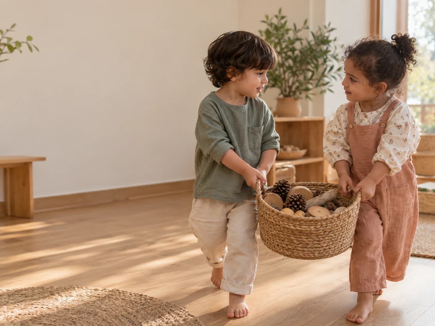 طفلان صغيران يحملان معًا سلة مصنوعة من الخوص مليئة بمواد طبيعية، ويتحدثان أثناء سيرهما