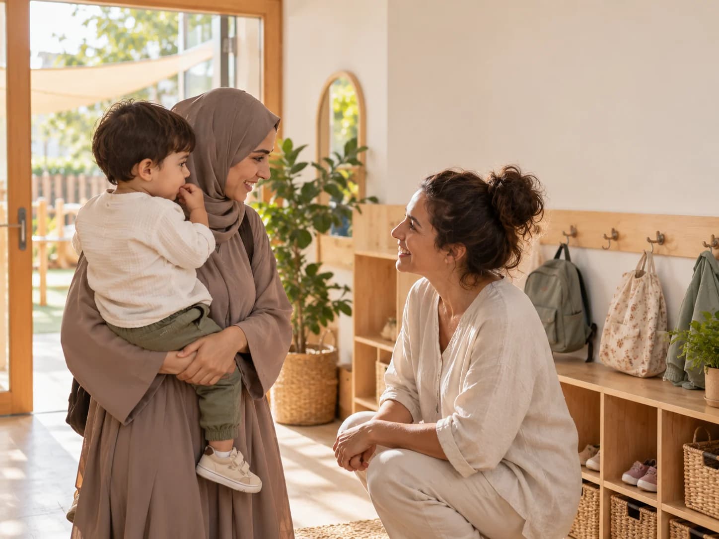 معلّمة تنحني لتتحدث بودّ مع أم تحمل طفلها الصغير، في غرفة المعاطف بالحضانة في نهاية اليوم