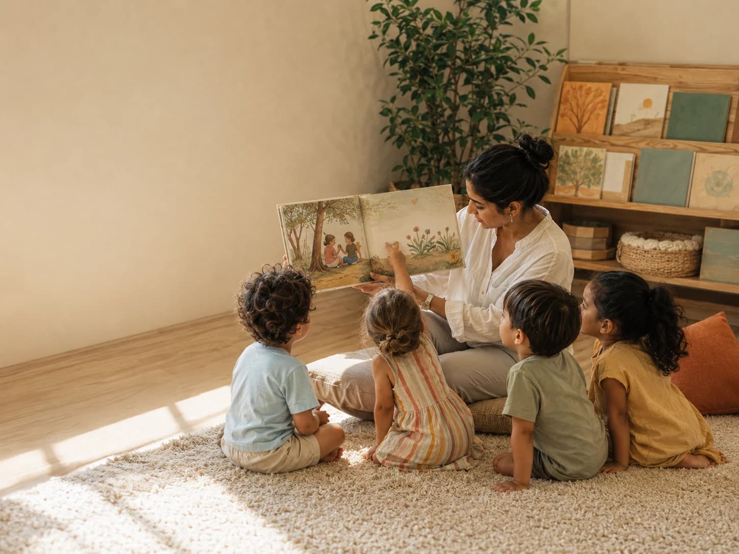 An educator reading an illustrated picture book to a small group of children sitting on a rug in a sunlit reading corner